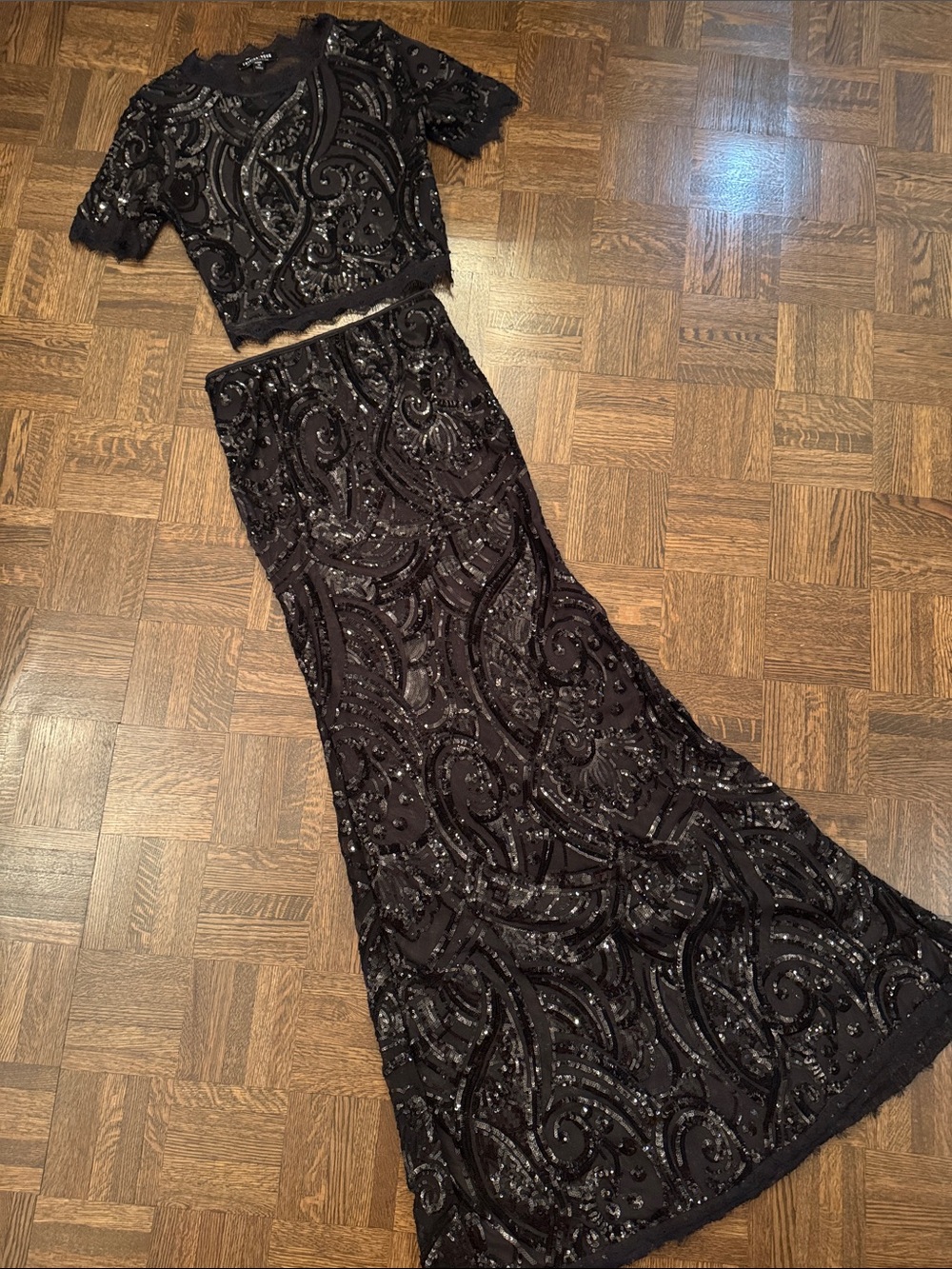 Fashion Nova Black Sequin Sheer Two-Piece Formal Dress size XS